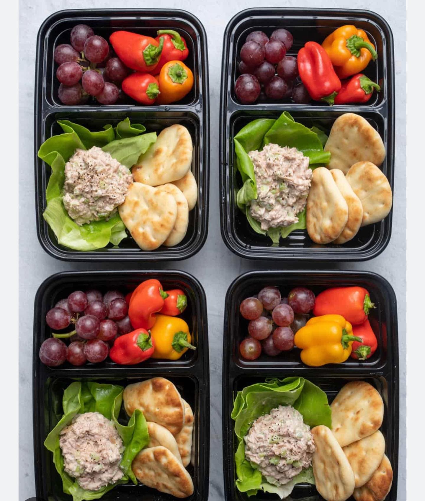 Healthy lunch boxes with tuna salad, naan bread and fresh vegetables