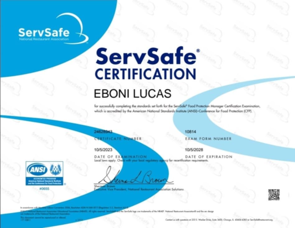 ServSafe Food Protection Manager Certification - Eboni Lucas